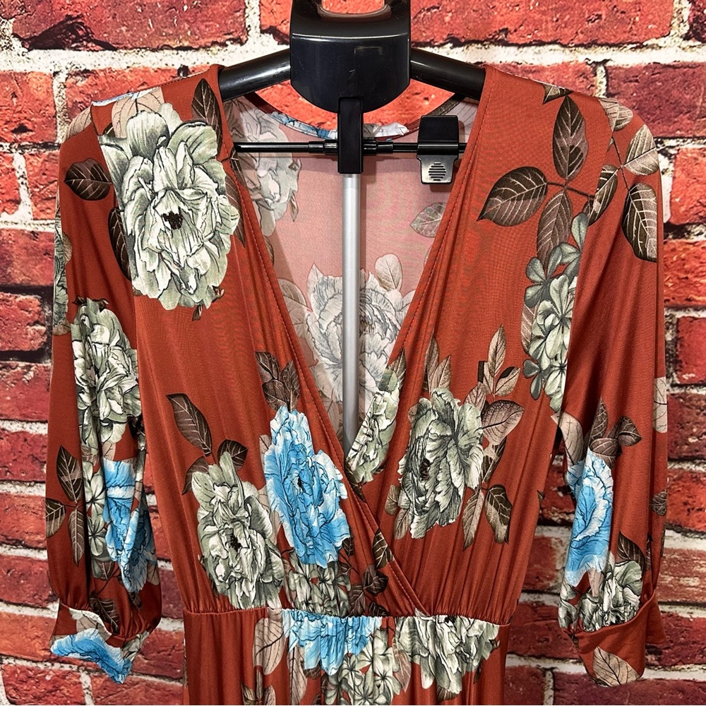 BURU DRESS WOMENS SIZE L TALL LONG BROWN BLUE FLORAL BOHEMIAN CHIC SOFT MAXI - Picture 4 of 14